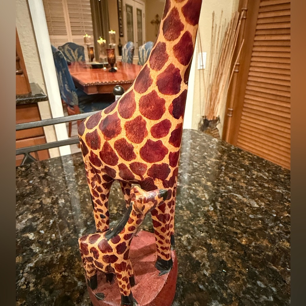Handcrafted Wooden Giraffe Figurine with Baby - Picture 2 of 7